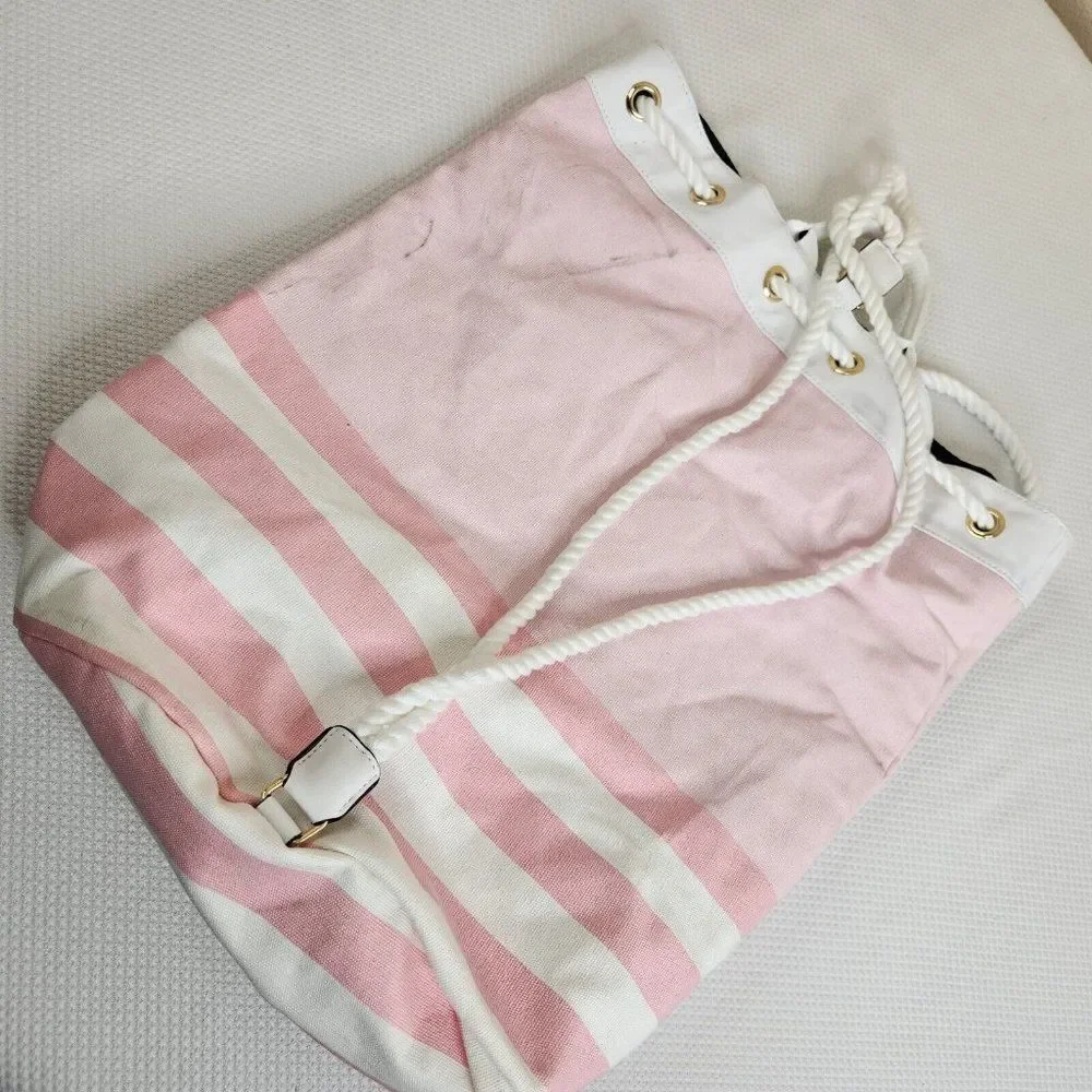 Victoria’s Secret Pink White Stripe Beach Bucket Bag Backpack Canvas